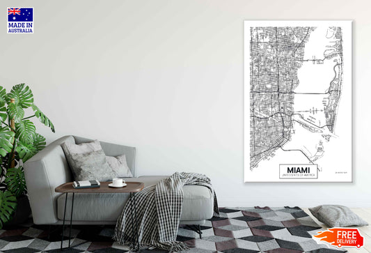 Miami City in USA B&W Detailed Map Print 100% Australian Made Stretched Canvas Ready to Hang - 2337