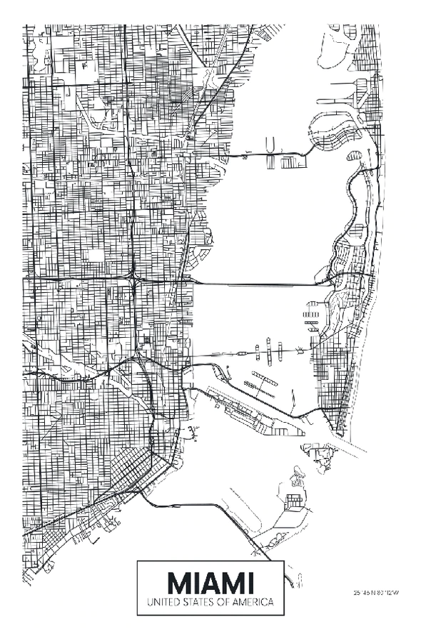 Miami City in USA B&W Detailed Map Print 100% Australian Made Stretched Canvas Ready to Hang - 2337