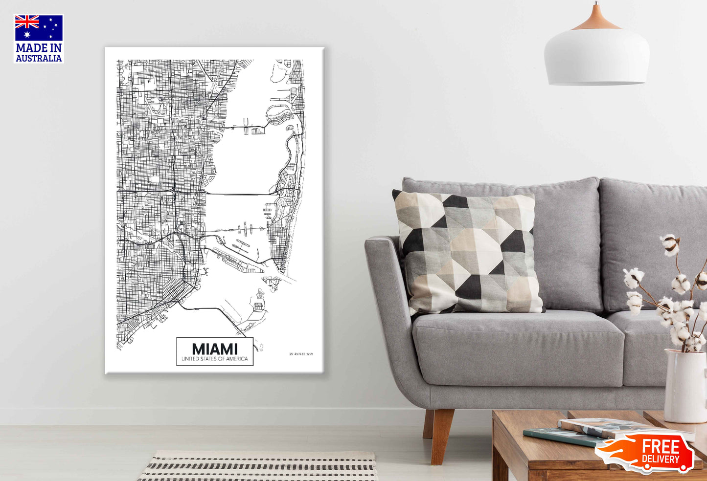 Miami City in USA B&W Detailed Map Print 100% Australian Made Stretched Canvas Ready to Hang - 2337