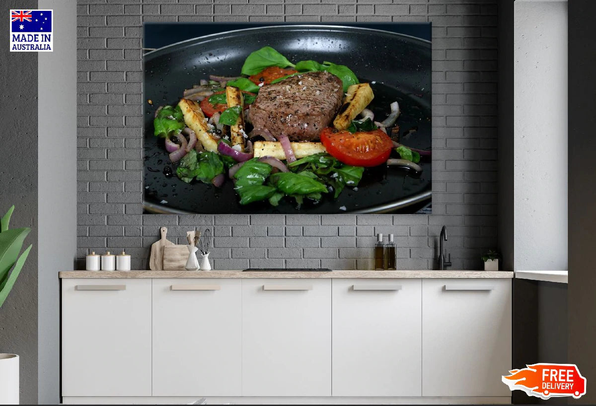 Steak Meat Meal on Pan Photograph Print 100% Australian Made Stretched Canvas Ready to Hang - 2038