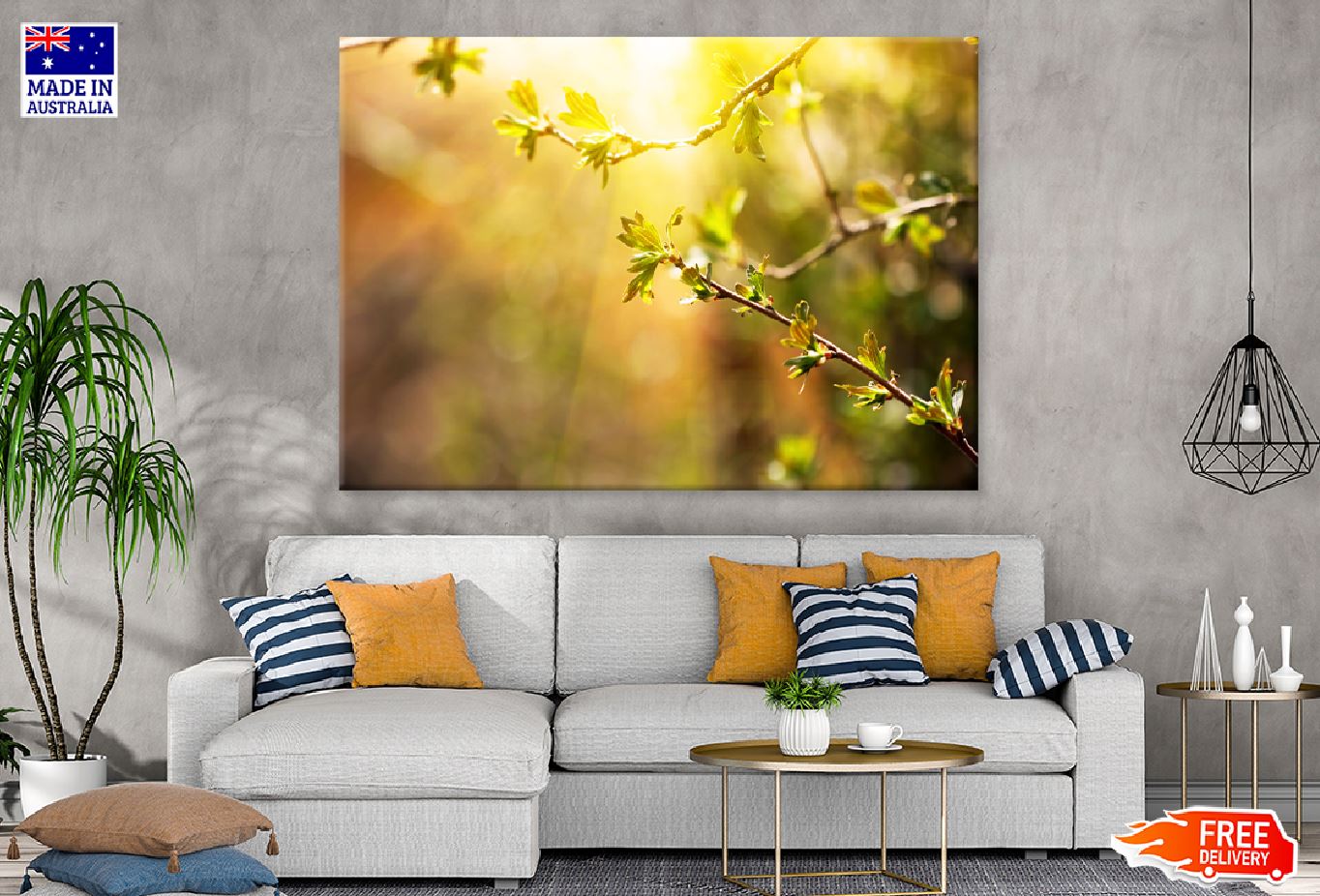 Branch with Spring Leaves Sunset  Print 100% Australian Made Stretched Canvas Ready to Hang - 1736