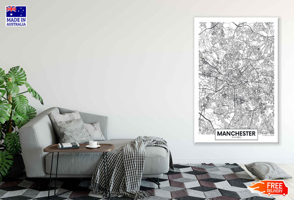 Manchester City in England B&W Detailed Map Print 100% Australian Made Stretched Canvas Ready to Hang - 2338