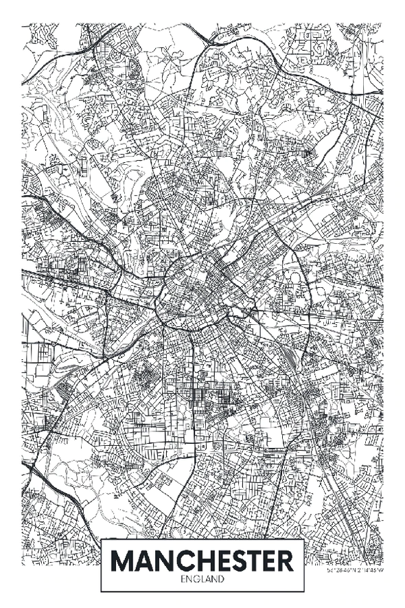 Manchester City in England B&W Detailed Map Print 100% Australian Made Stretched Canvas Ready to Hang - 2338