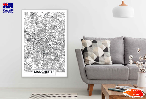 Manchester City in England B&W Detailed Map Print 100% Australian Made Stretched Canvas Ready to Hang - 2338