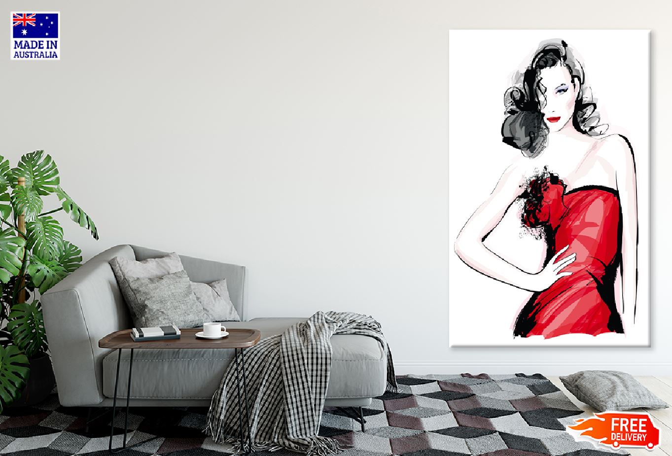 Fashion Girl & Red Dress Vector Print 100% Australian Made Stretched Canvas Ready to Hang - 1344