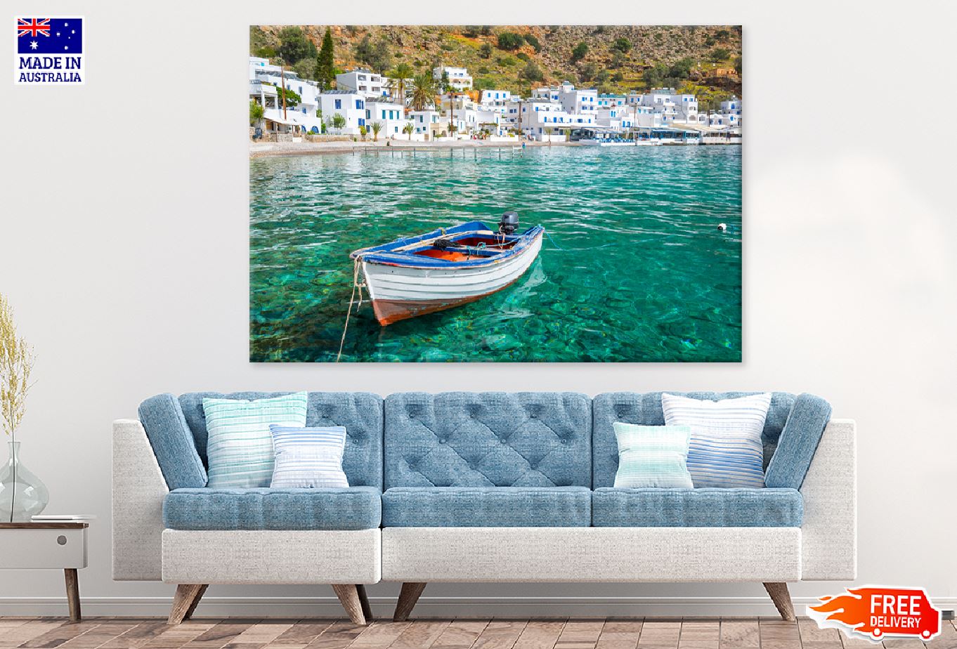 Sea View Boat in Crete, Greece Print 100% Australian Made Stretched Canvas Ready to Hang - 1407