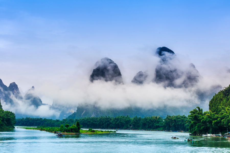 Foggy Mountains & Lake Scenery Print 100% Australian Made Stretched Canvas Ready to Hang - 1059