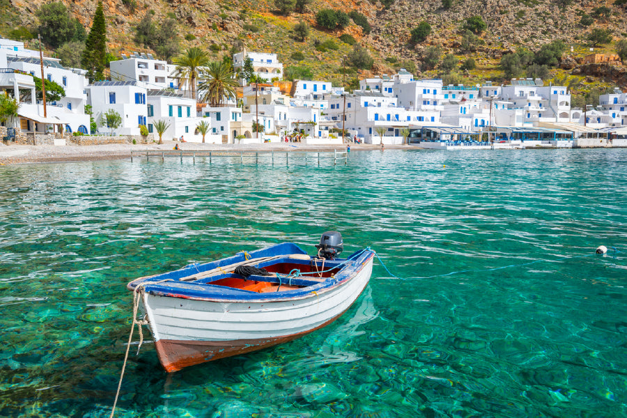 Sea View Boat in Crete, Greece Print 100% Australian Made Stretched Canvas Ready to Hang - 1407