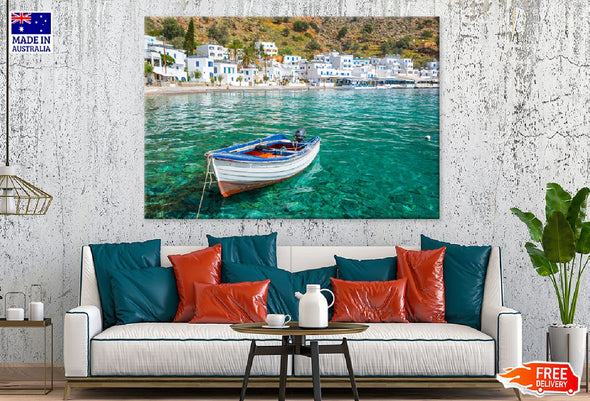 Sea View Boat in Crete, Greece Print 100% Australian Made Stretched Canvas Ready to Hang - 1407