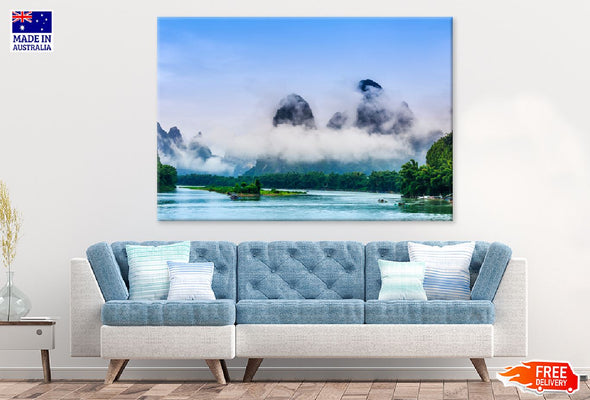 Foggy Mountains & Lake Scenery Print 100% Australian Made Stretched Canvas Ready to Hang - 1059