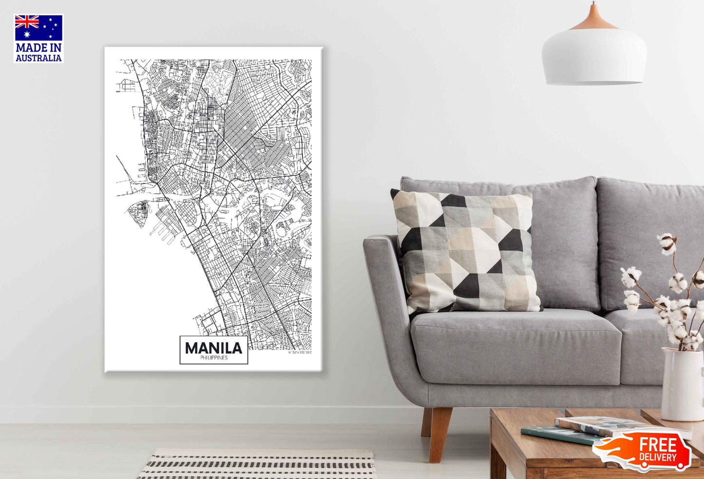 Manila City in Philippines B&W Detailed Map Print 100% Australian Made Stretched Canvas Ready to Hang - 2339