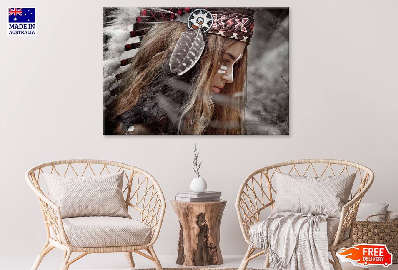 Native Girl with Feather Headdress Photograph Print 100% Australian Made Stretched Canvas Ready to Hang - 1940