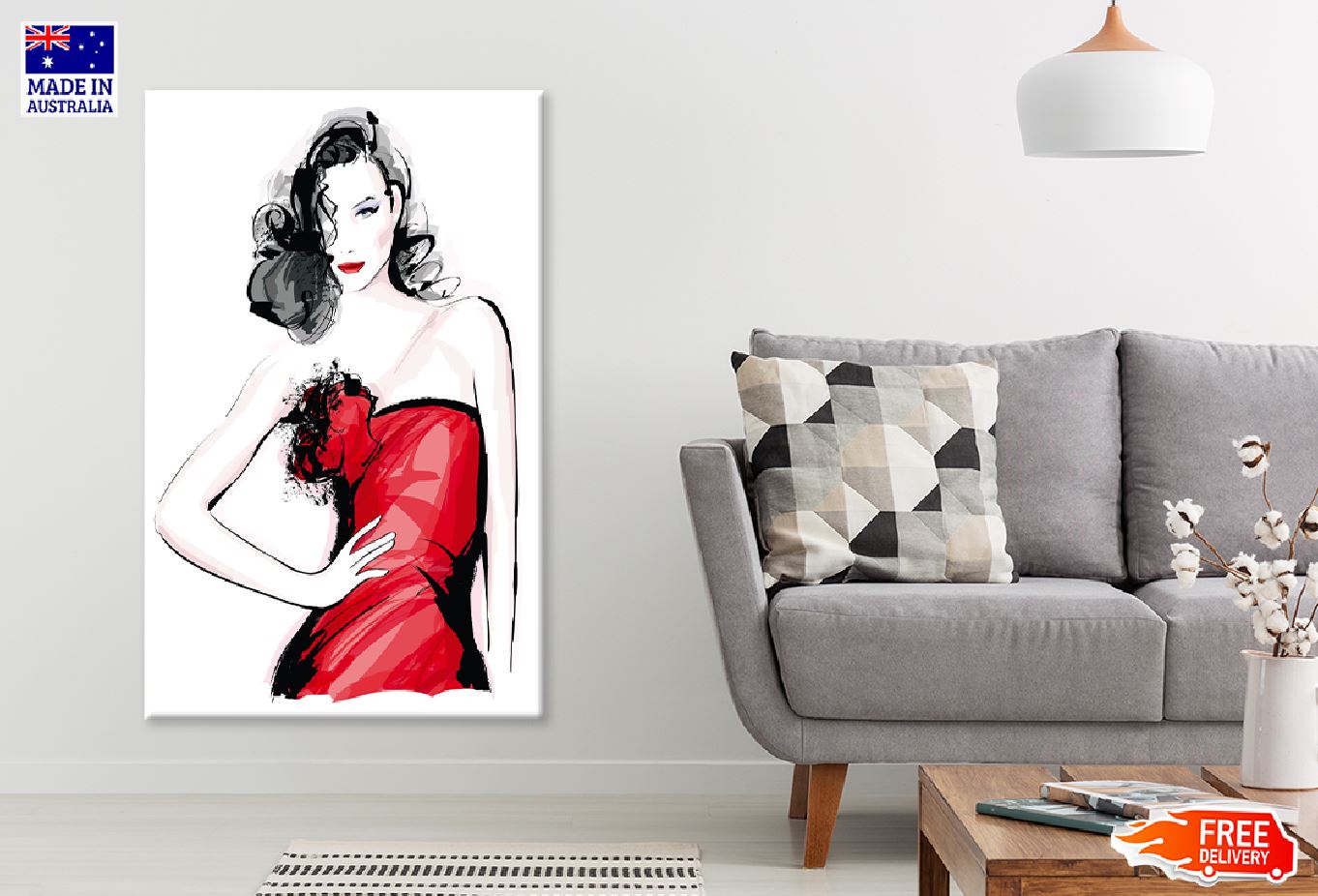 Fashion Girl & Red Dress Vector Print 100% Australian Made Stretched Canvas Ready to Hang - 1344