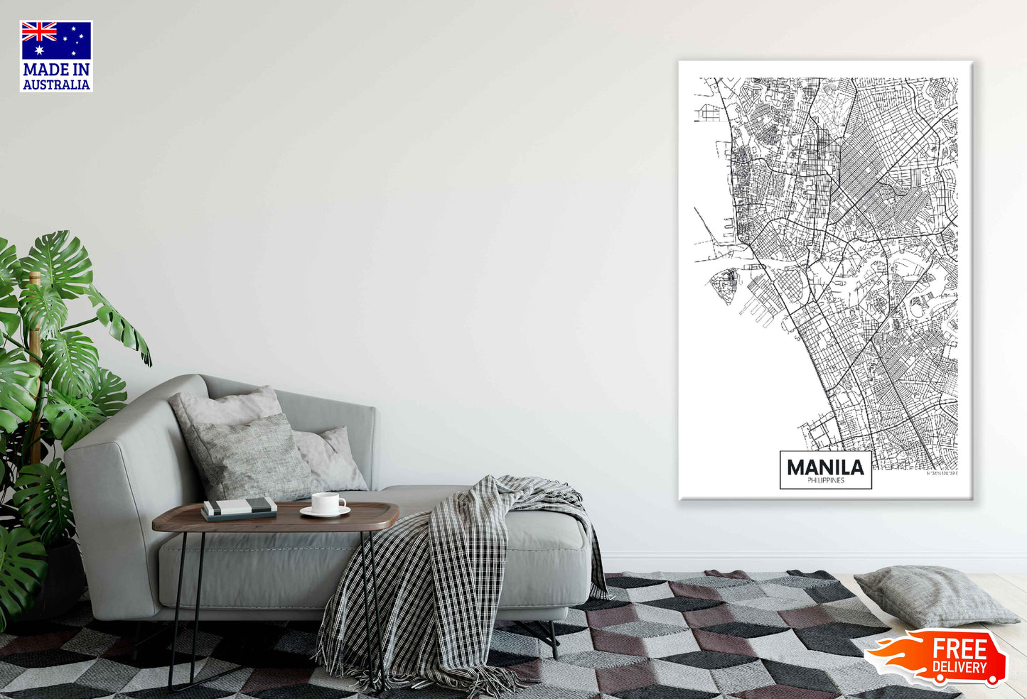 Manila City in Philippines B&W Detailed Map Print 100% Australian Made Stretched Canvas Ready to Hang - 2339