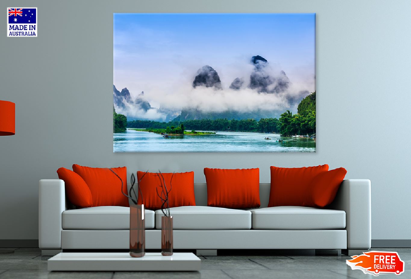 Foggy Mountains & Lake Scenery Print 100% Australian Made Stretched Canvas Ready to Hang - 1059