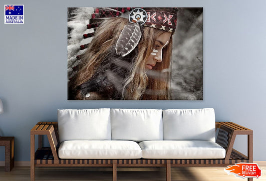 Native Girl with Feather Headdress Photograph Print 100% Australian Made Stretched Canvas Ready to Hang - 1940