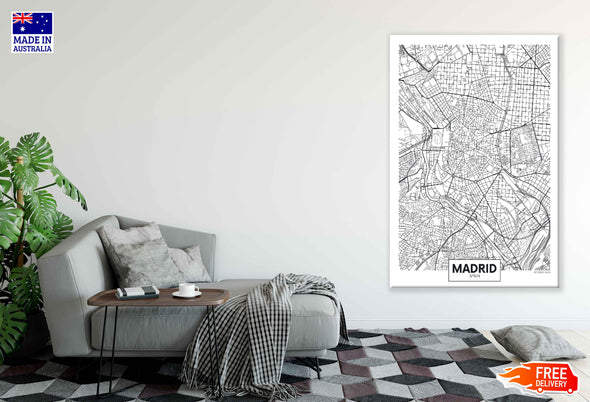 Madrid City in Spain B&W Detailed Map Print 100% Australian Made Stretched Canvas Ready to Hang - 2340