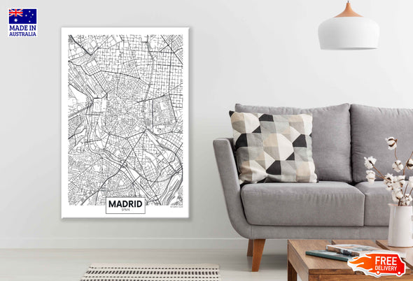 Madrid City in Spain B&W Detailed Map Print 100% Australian Made Stretched Canvas Ready to Hang - 2340