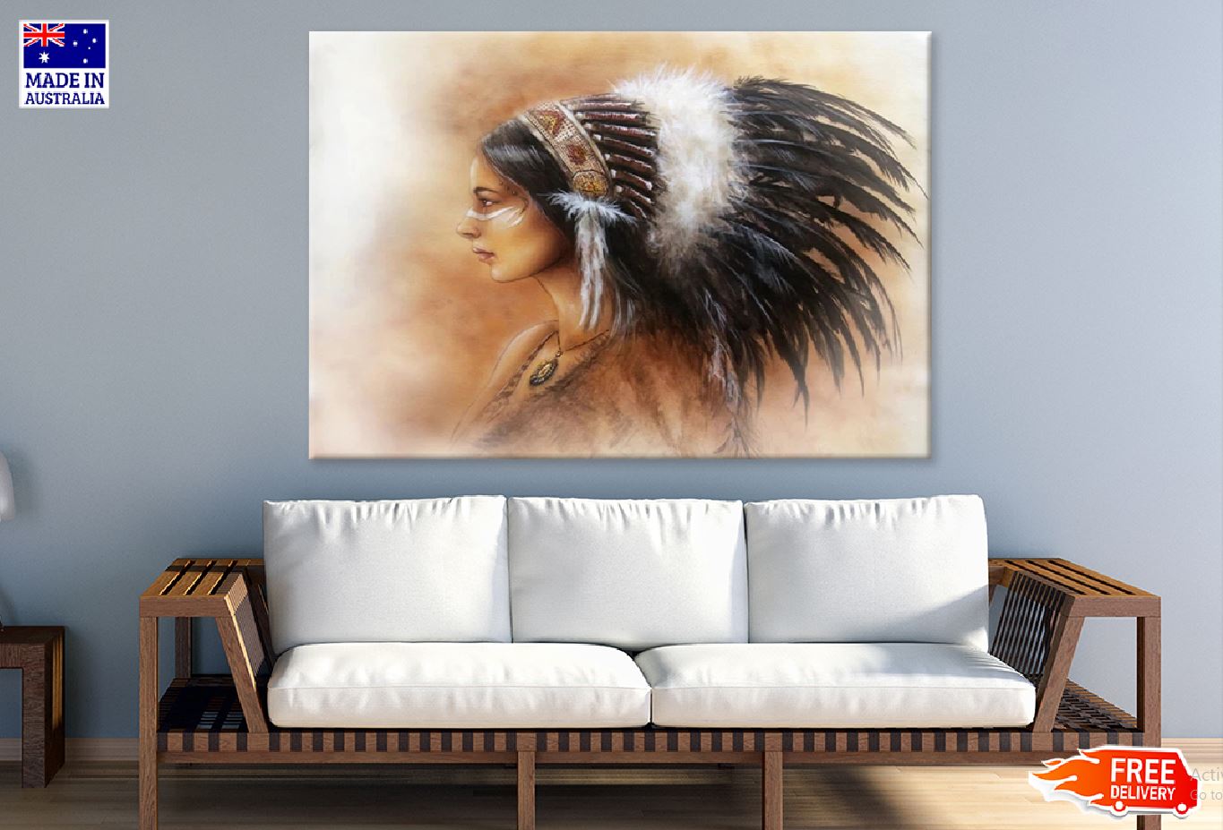 Native Girl with Feather Headdress Oil Painting Print 100% Australian Made Stretched Canvas Ready to Hang - 1941