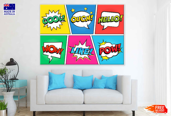 COOL OUCH HELLO WOW LIKE POW Chat Bubble Illustration Pop Arts & Comic Poster Print 100% Australian Made Stretched Canvas Ready to Hang - 2141