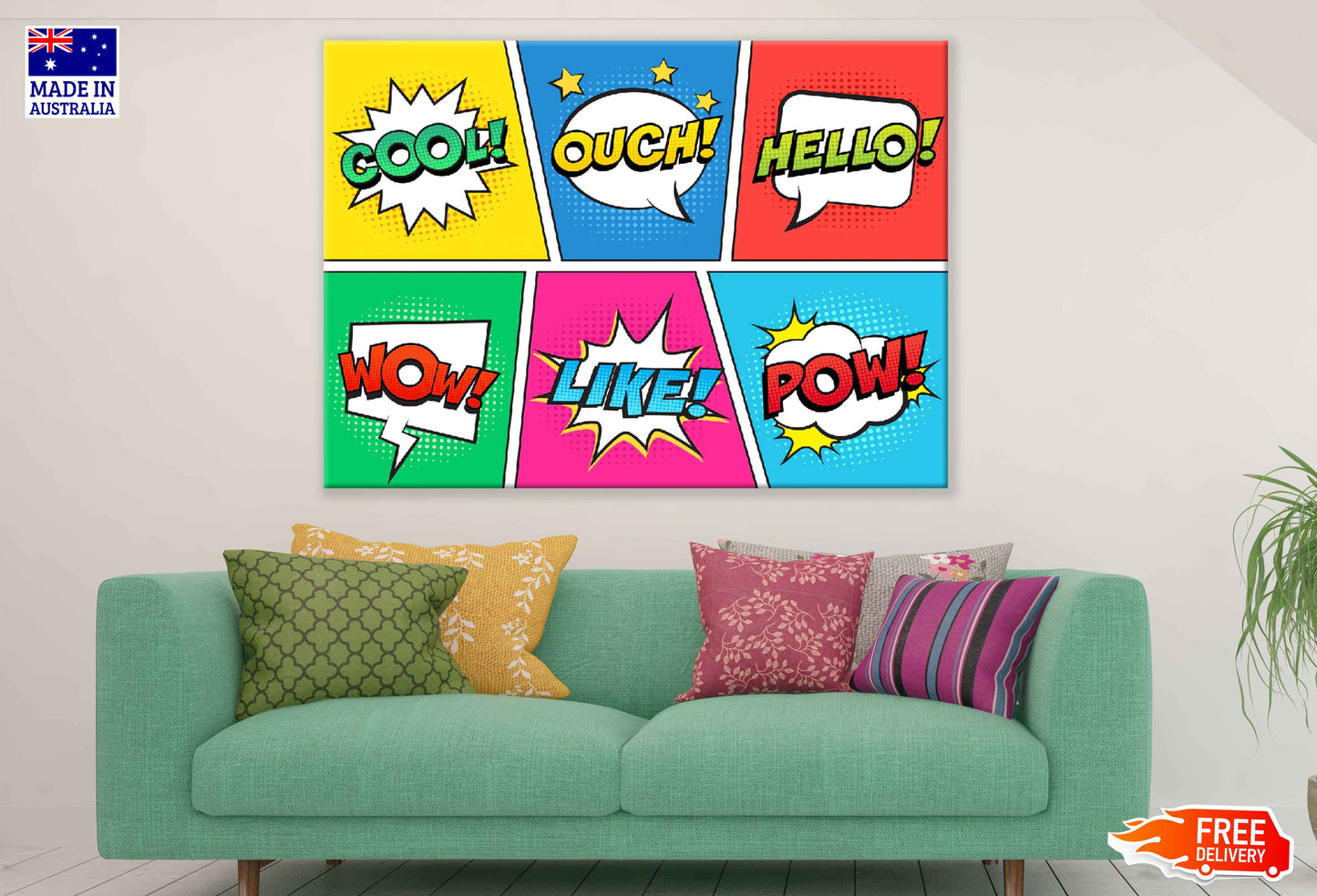 COOL OUCH HELLO WOW LIKE POW Chat Bubble Illustration Pop Arts & Comic Poster Print 100% Australian Made Stretched Canvas Ready to Hang - 2141