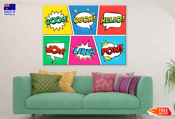 COOL OUCH HELLO WOW LIKE POW Chat Bubble Illustration Pop Arts & Comic Poster Print 100% Australian Made Stretched Canvas Ready to Hang - 2141