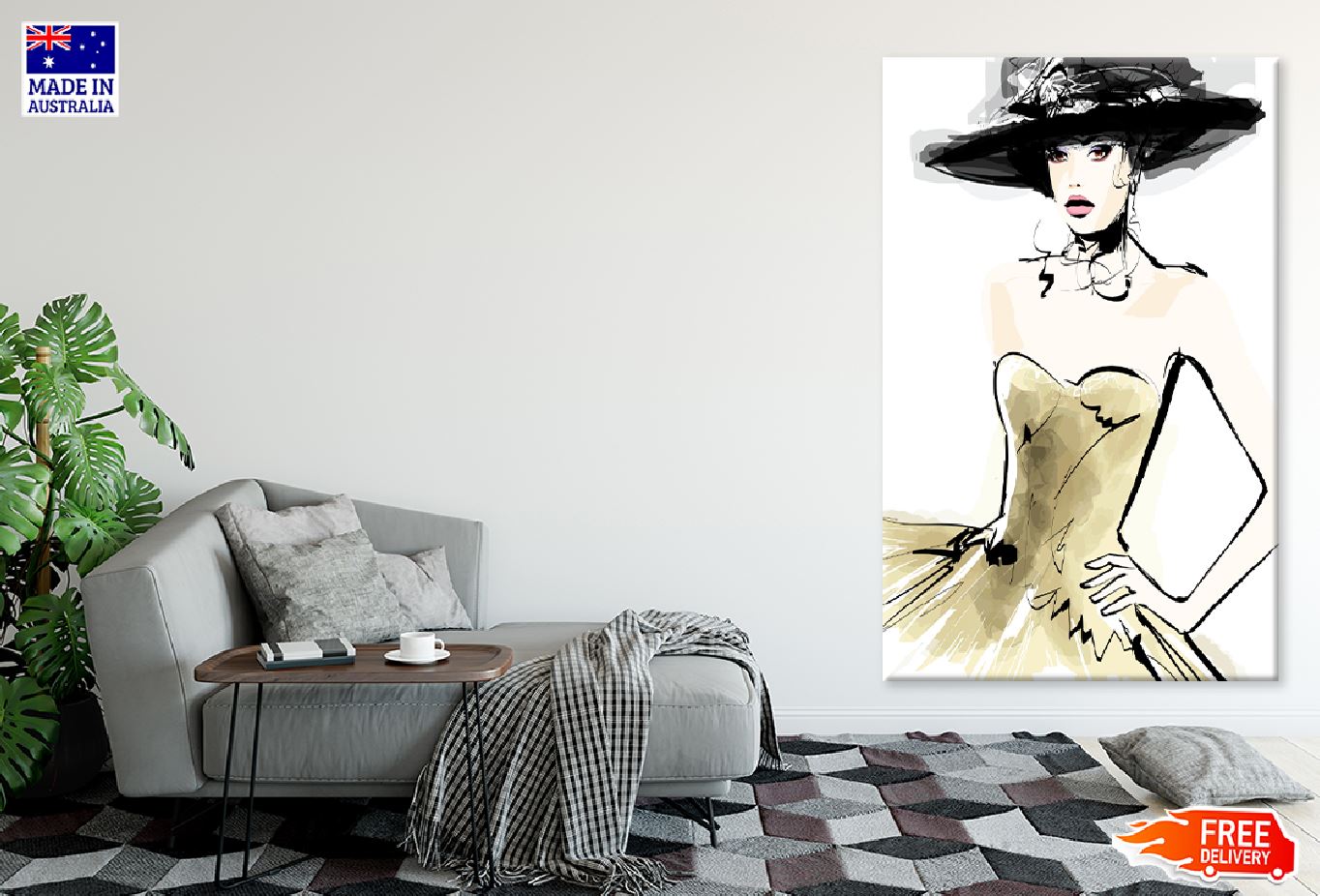 Fashion Model With a Hat Vector Print 100% Australian Made Stretched Canvas Ready to Hang - 1345