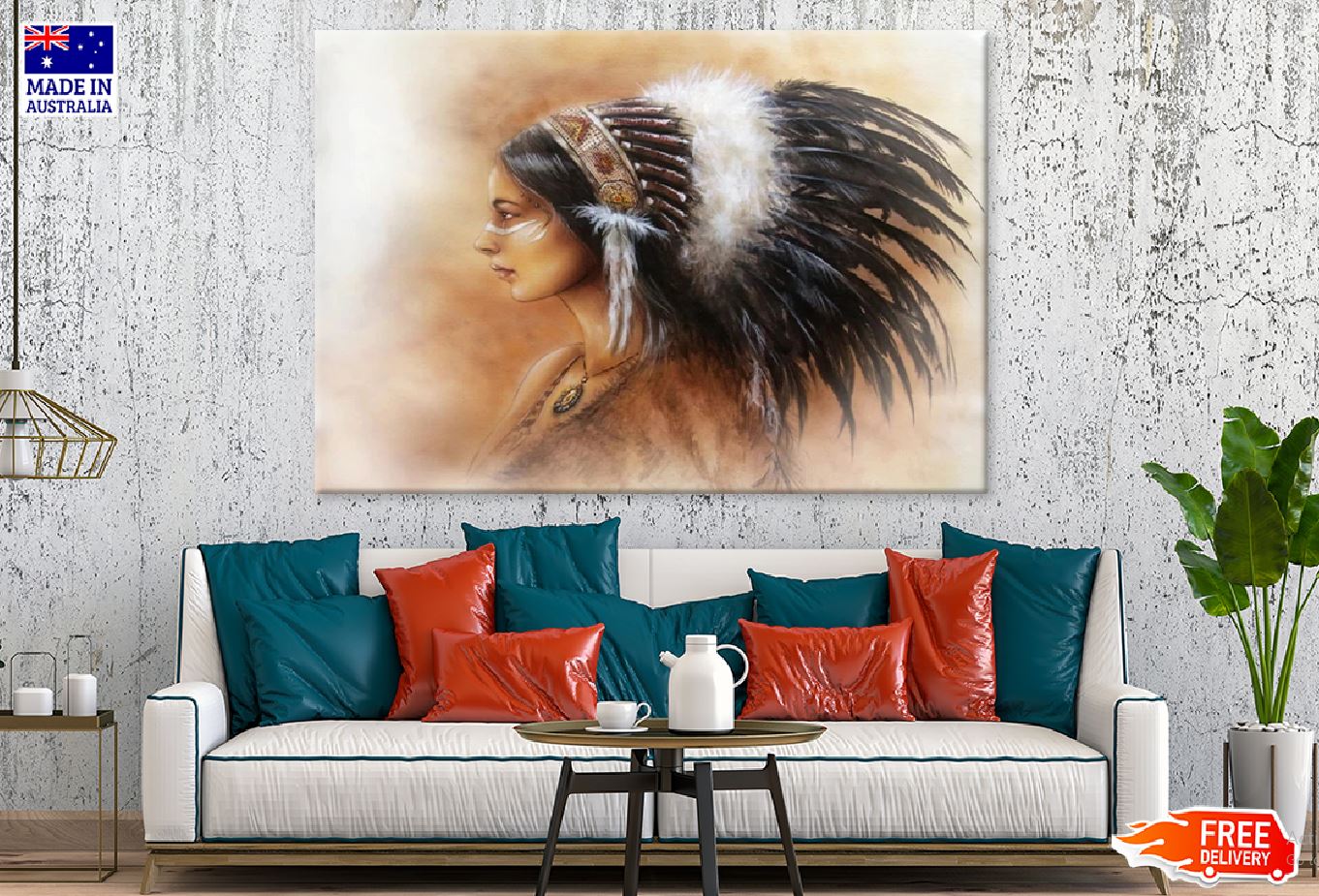 Native Girl with Feather Headdress Oil Painting Print 100% Australian Made Stretched Canvas Ready to Hang - 1941