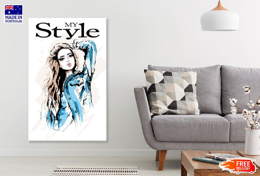 Style Woman & Jeans Jacket Vector Print 100% Australian Made Stretched Canvas Ready to Hang - 1346