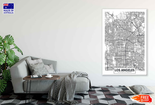 Los Angeles City in USA B&W Detailed Map Print 100% Australian Made Stretched Canvas Ready to Hang - 2341