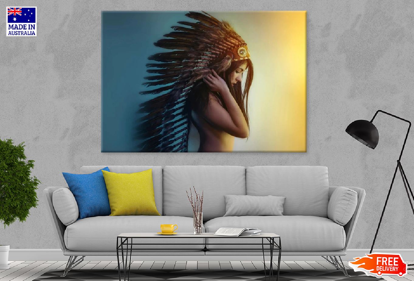 Girl with Feather Headdress Colorful Background View Print 100% Australian Made Stretched Canvas Ready to Hang - 1942