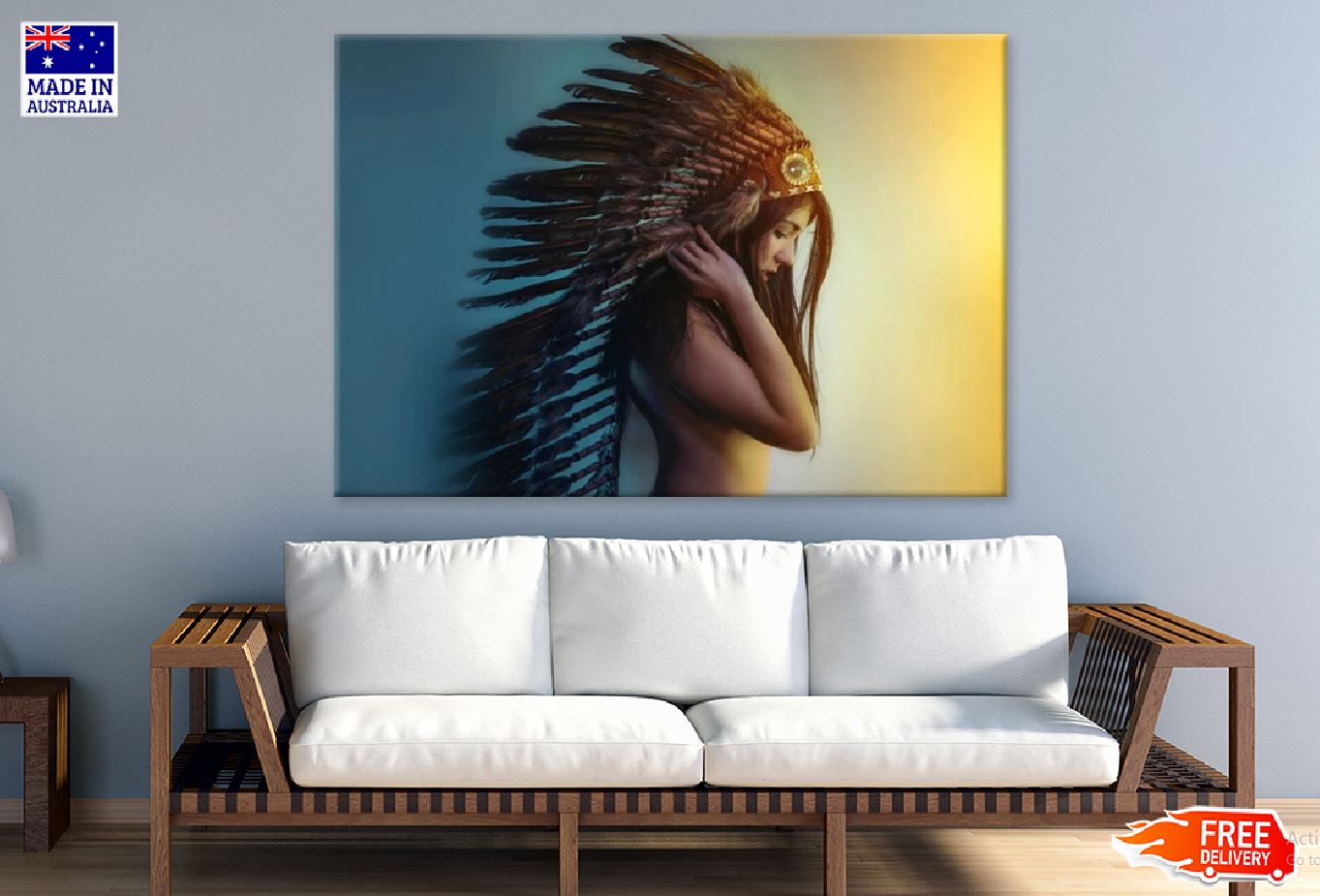 Girl with Feather Headdress Colorful Background View Print 100% Australian Made Stretched Canvas Ready to Hang - 1942