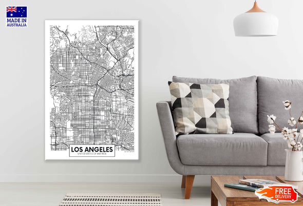 Los Angeles City in USA B&W Detailed Map Print 100% Australian Made Stretched Canvas Ready to Hang - 2341