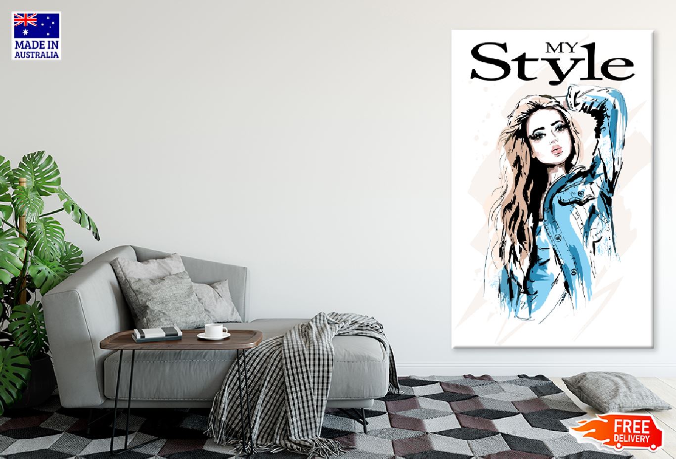 Style Woman & Jeans Jacket Vector Print 100% Australian Made Stretched Canvas Ready to Hang - 1346