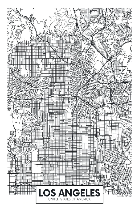 Los Angeles City in USA B&W Detailed Map Print 100% Australian Made Stretched Canvas Ready to Hang - 2341