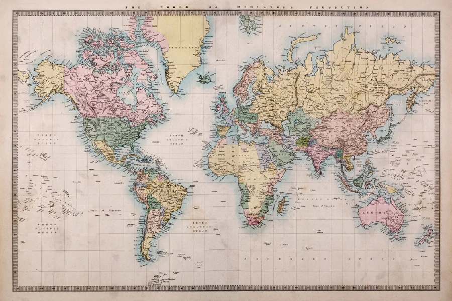 Vintage World Map 1860 Print 100% Australian Made Stretched Canvas Ready to Hang - 2287