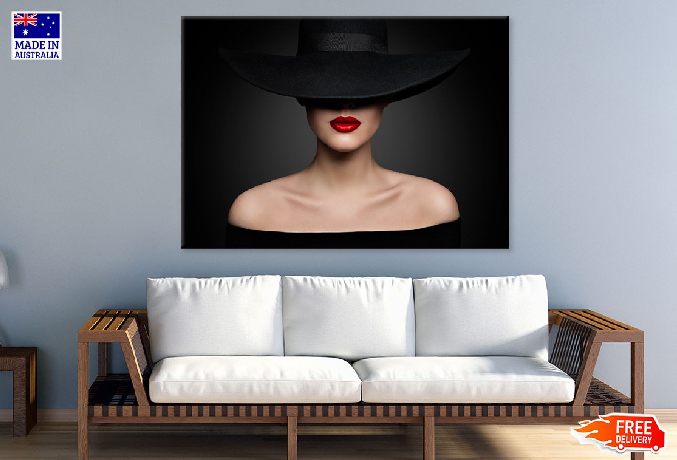 Woman Hat Lips & Shoulder View Print 100% Australian Made Stretched Canvas Ready to Hang - 1292