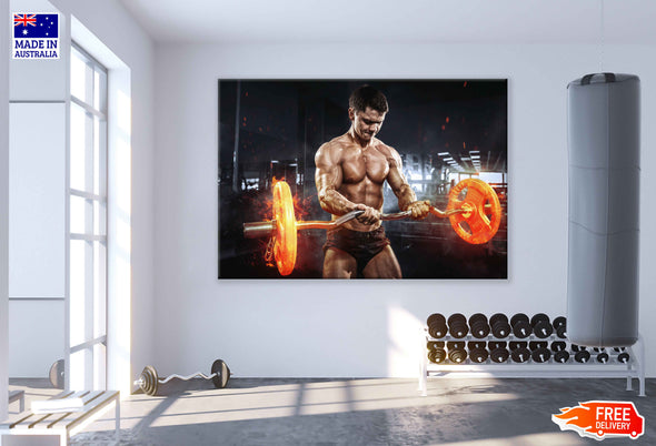 Muscular Athlete Bodybuilder with Burning Barbell Print 100% Australian Made Stretched Canvas Ready to Hang - 2188