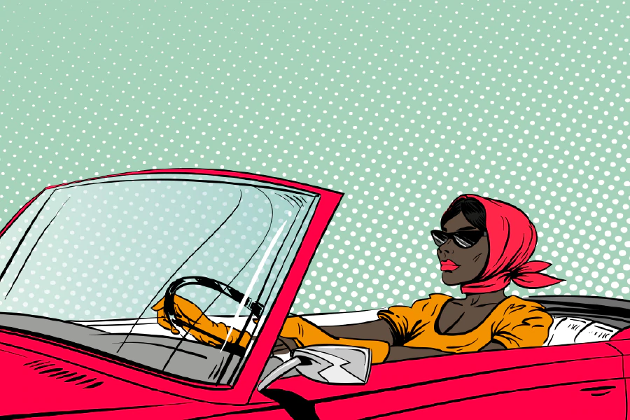 Girl with Scarf Driving a Car Illustration Pop Arts & Comic Poster Print 100% Australian Made Stretched Canvas Ready to Hang - 2160