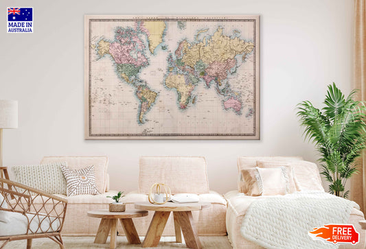 Vintage World Map 1860 Print 100% Australian Made Stretched Canvas Ready to Hang - 2287