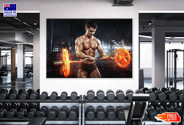 Muscular Athlete Bodybuilder with Burning Barbell Print 100% Australian Made Stretched Canvas Ready to Hang - 2188