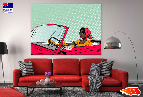 Girl with Scarf Driving a Car Illustration Pop Arts & Comic Poster Print 100% Australian Made Stretched Canvas Ready to Hang - 2160