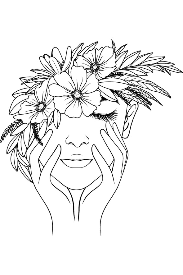 Woman Flower Crown B&W Line Art Design Print 100% Australian Made Stretched Canvas Ready to Hang - 1787