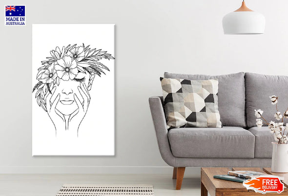 Woman Flower Crown B&W Line Art Design Print 100% Australian Made Stretched Canvas Ready to Hang - 1787