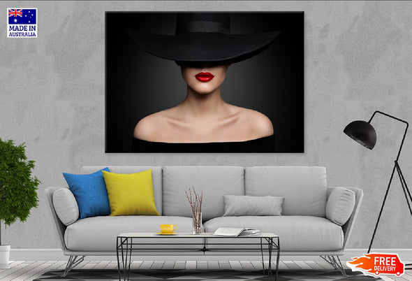 Woman Hat Lips & Shoulder View Print 100% Australian Made Stretched Canvas Ready to Hang - 1292