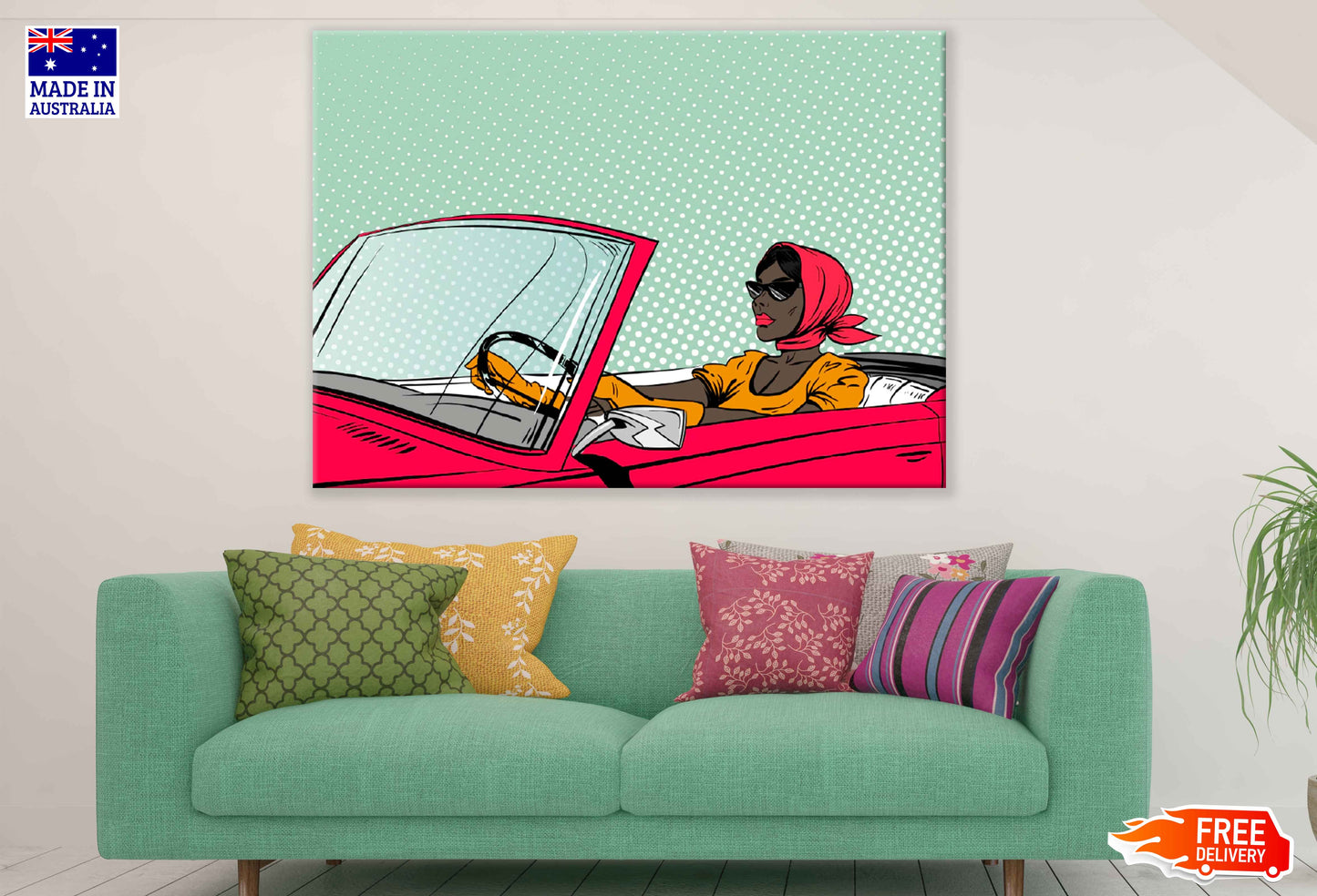 Girl with Scarf Driving a Car Illustration Pop Arts & Comic Poster Print 100% Australian Made Stretched Canvas Ready to Hang - 2160