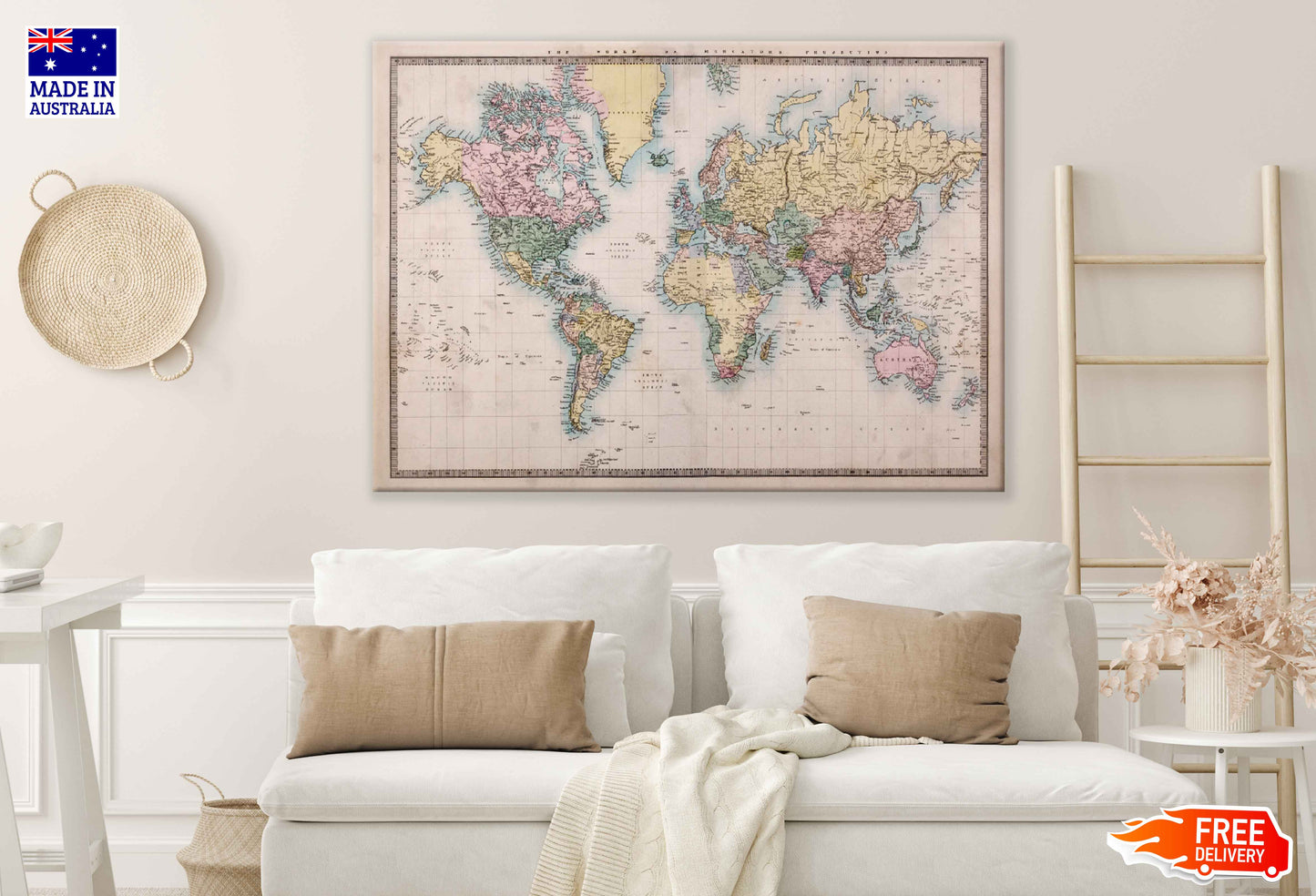 Vintage World Map 1860 Print 100% Australian Made Stretched Canvas Ready to Hang - 2287