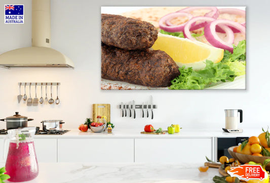 Dinner Kofte Kebabs On Skewers On White Plate With Lettuce Print 100% Australian Made Stretched Canvas Ready to Hang - 1988