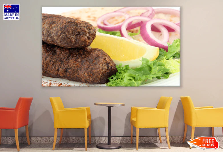 Dinner Kofte Kebabs On Skewers On White Plate With Lettuce Print 100% Australian Made Stretched Canvas Ready to Hang - 1988