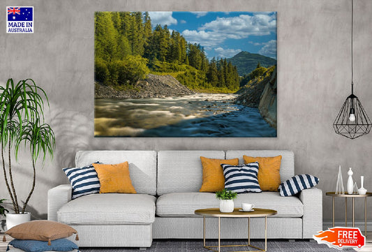 Tranquil River & Fir Trees View Print 100% Australian Made Stretched Canvas Ready to Hang - 1062